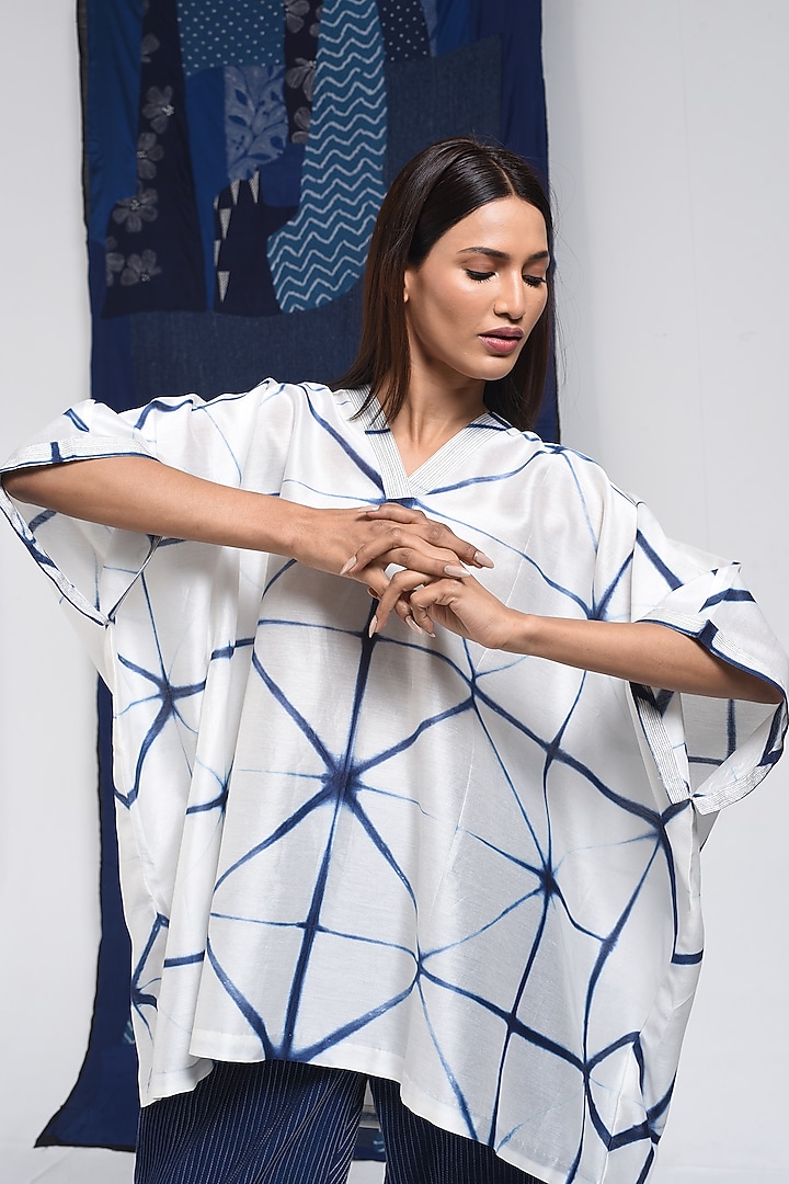 Blue & Ivory Silk Cotton Blend Tie-Dye Printed Tunic by Sunita Shanker at Pernia's Pop Up Shop