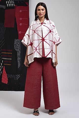 Red & Ivory Silk Cotton Blend Tie-Dye Printed Shirt by Sunita Shanker