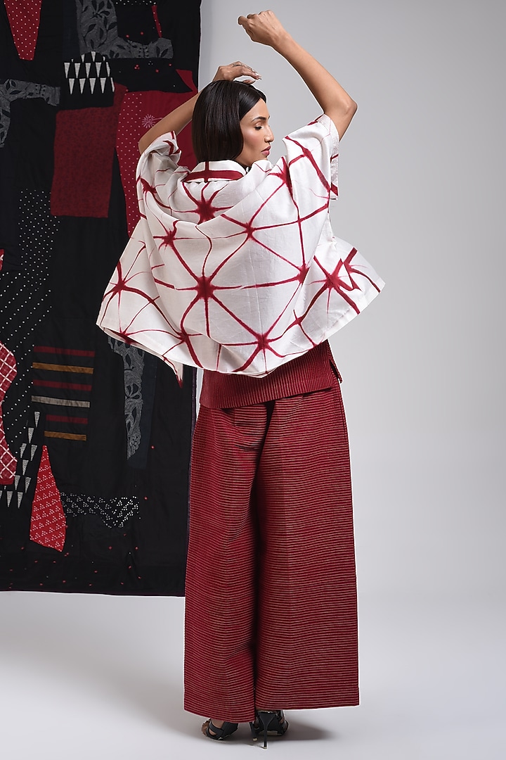 Red & Ivory Silk Cotton Blend Tie-Dye Printed Shirt by Sunita Shanker at Pernia's Pop Up Shop