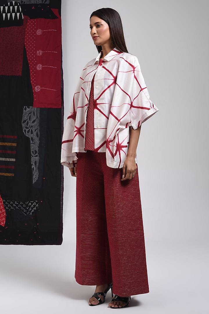 Red & Ivory Silk Cotton Blend Tie-Dye Printed Shirt by Sunita Shanker at Pernia's Pop Up Shop