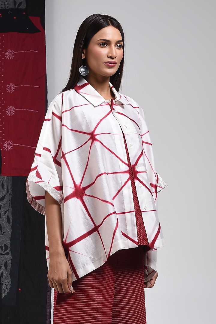 Red & Ivory Silk Cotton Blend Tie-Dye Printed Shirt by Sunita Shanker at Pernia's Pop Up Shop