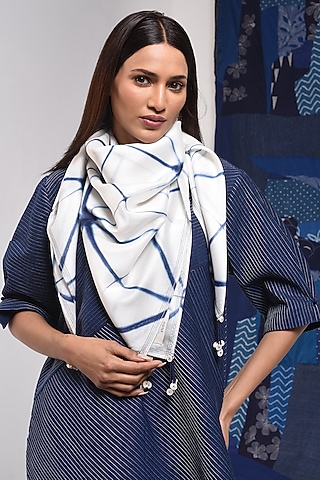 Ivory & Blue SIlk Cotton Blend Tie-Dye Printed Scarf by Sunita Shanker