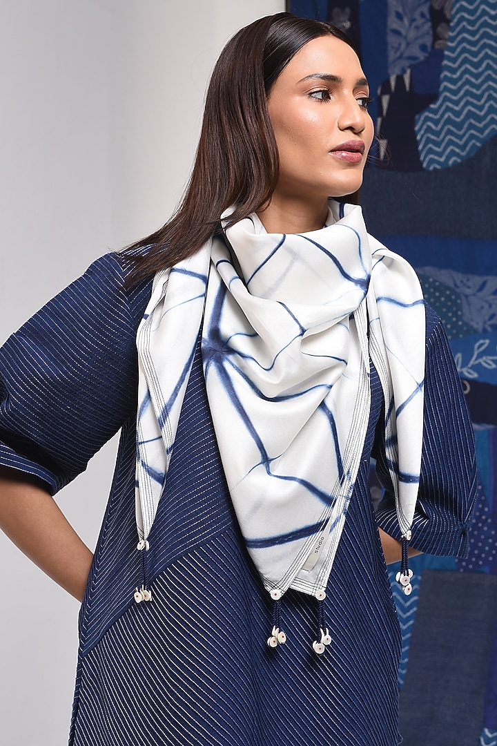 Ivory & Blue SIlk Cotton Blend Tie-Dye Printed Scarf by Sunita Shanker at Pernia's Pop Up Shop
