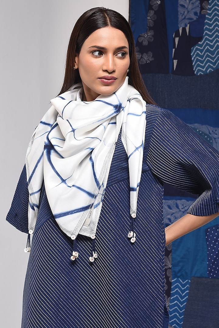 Ivory & Blue SIlk Cotton Blend Tie-Dye Printed Scarf by Sunita Shanker at Pernia's Pop Up Shop