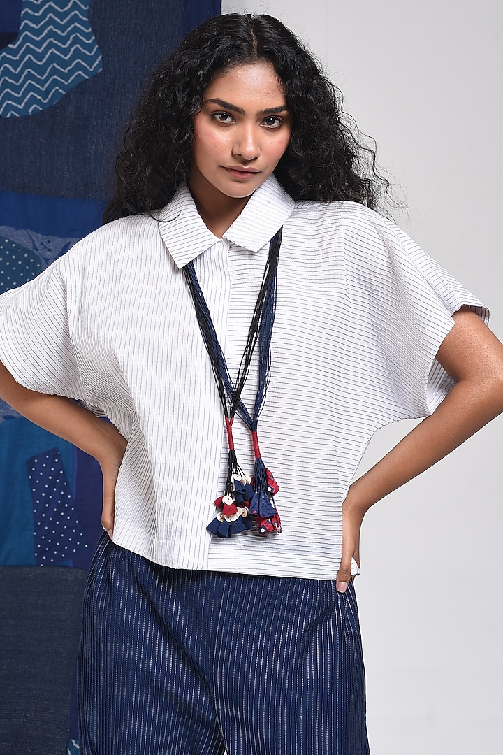 Ivory Cotton Kimono Cropped Shirt by Sunita Shanker at Pernia's Pop Up Shop