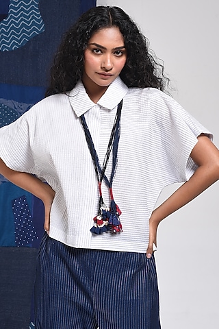 Ivory Cotton Kimono Cropped Shirt by Sunita Shanker