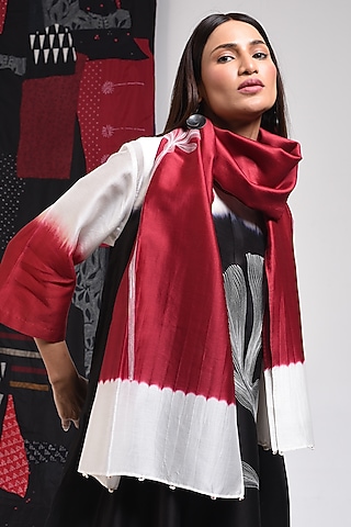 Red Silk Cotton Blend Tie-Dye Printed Stole by Sunita Shanker