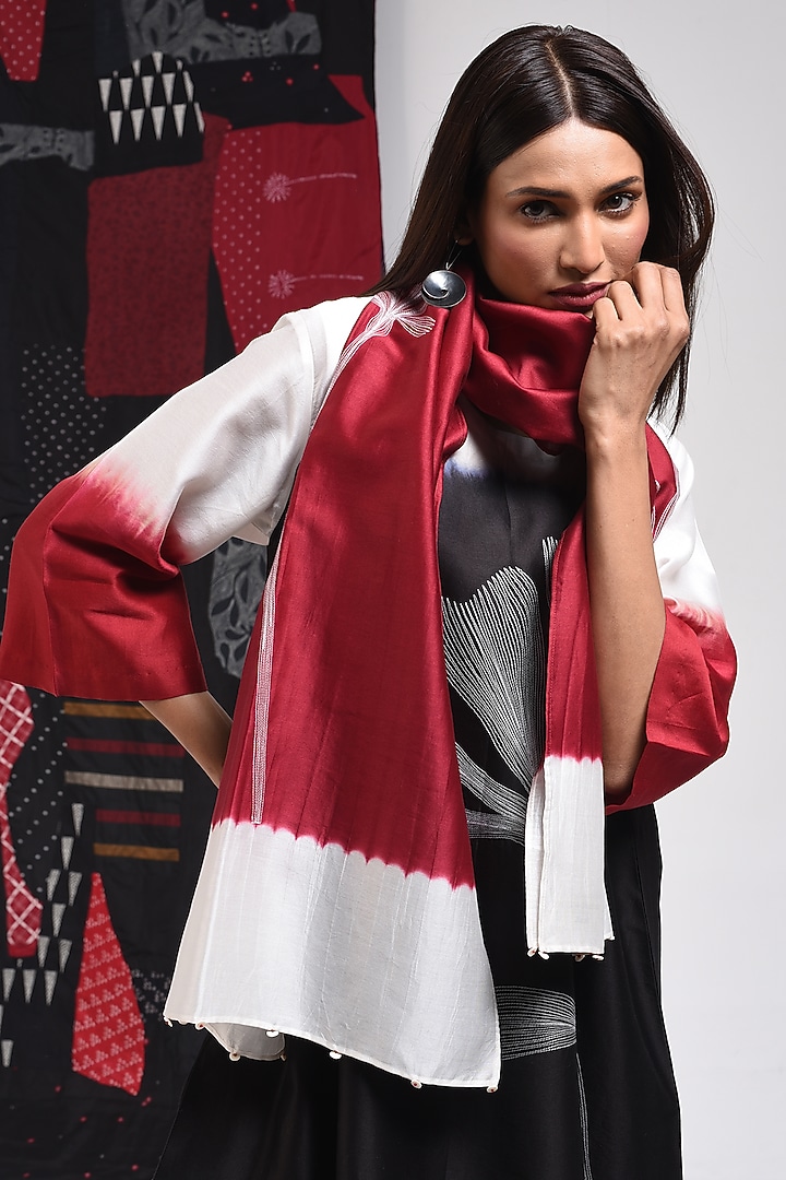 Red Silk Cotton Blend Tie-Dye Printed Stole by Sunita Shanker at Pernia's Pop Up Shop