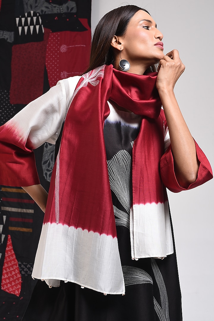 Red Silk Cotton Blend Tie-Dye Printed Stole by Sunita Shanker at Pernia's Pop Up Shop