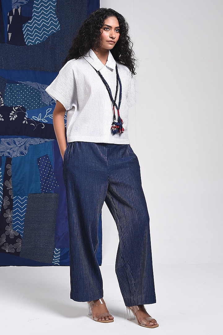 Blue Cotton Parallel Pants by Sunita Shanker at Pernia's Pop Up Shop