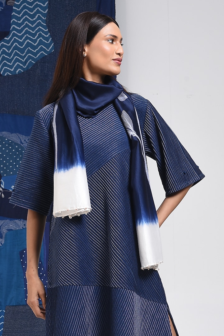 Blue Silk Cotton Blend Tie-Dye Printed Stole by Sunita Shanker at Pernia's Pop Up Shop
