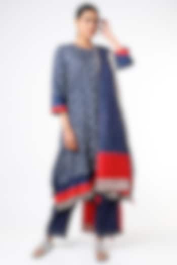 Blue & Red Handcrafted Bandhani Kurta Set by Sunita Shanker