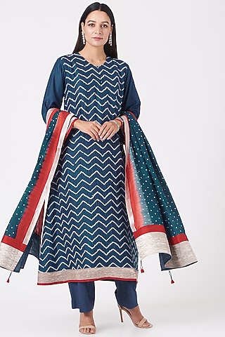 Cobalt Blue Bandhani Printed Kurta Set by Sunita Shanker