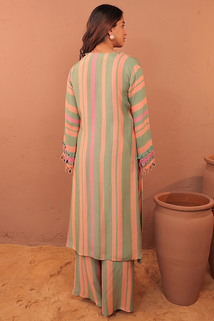 Multi-Colored Cotton Muslin Striped Printed A-Line Kurta Set by Surkh Syahi at Pernia's Pop Up Shop