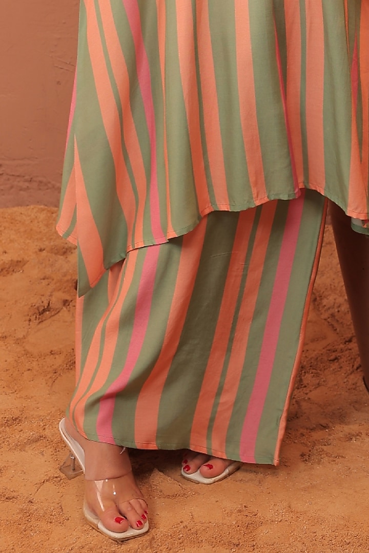 Multi-Colored Cotton Muslin Striped Printed A-Line Kurta Set by Surkh Syahi at Pernia's Pop Up Shop