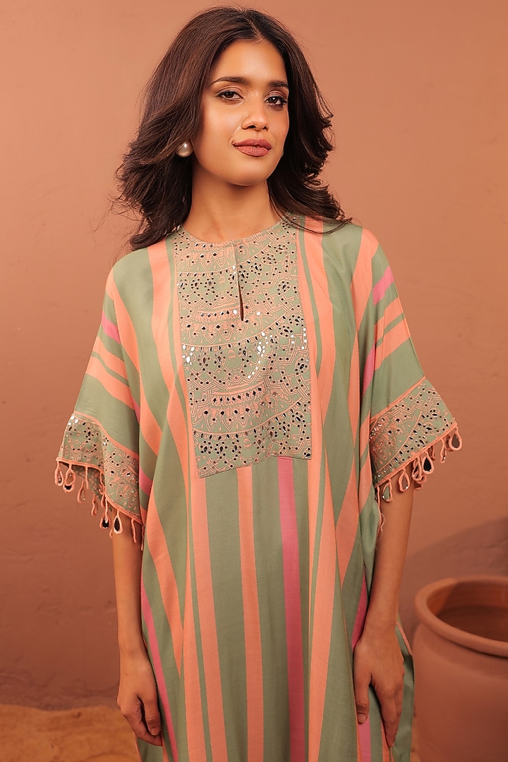 Multi-Colored Cotton Muslin Striped Printed Kaftan Set by Surkh Syahi at Pernia's Pop Up Shop