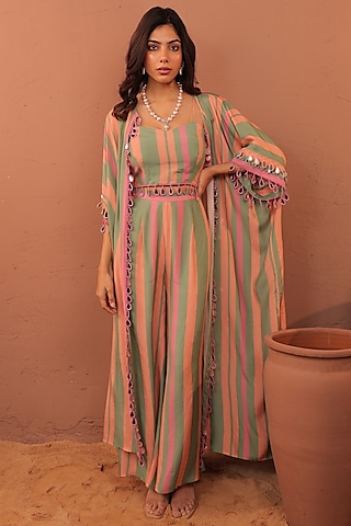 Multi-Colored Cotton Muslin Striped Printed Jacket Set by Surkh Syahi