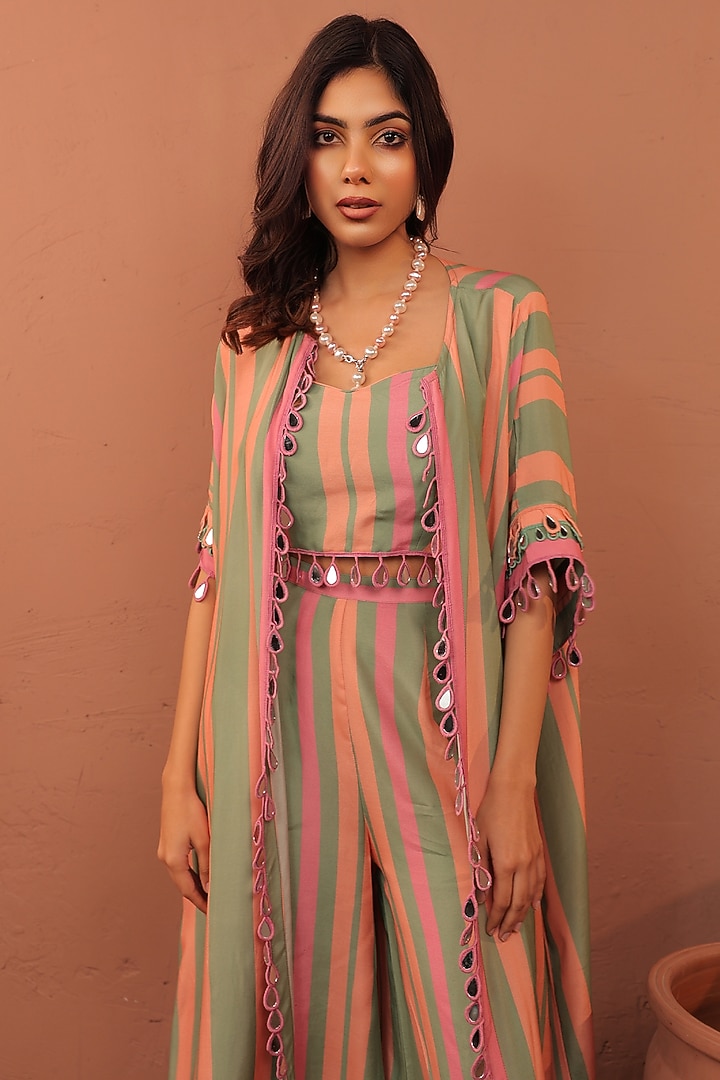 Multi-Colored Cotton Muslin Striped Printed Jacket Set by Surkh Syahi at Pernia's Pop Up Shop
