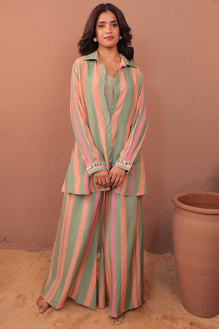 Multi-Colored Cotton Muslin Striped Printed Co-Ord Set by Surkh Syahi at Pernia's Pop Up Shop