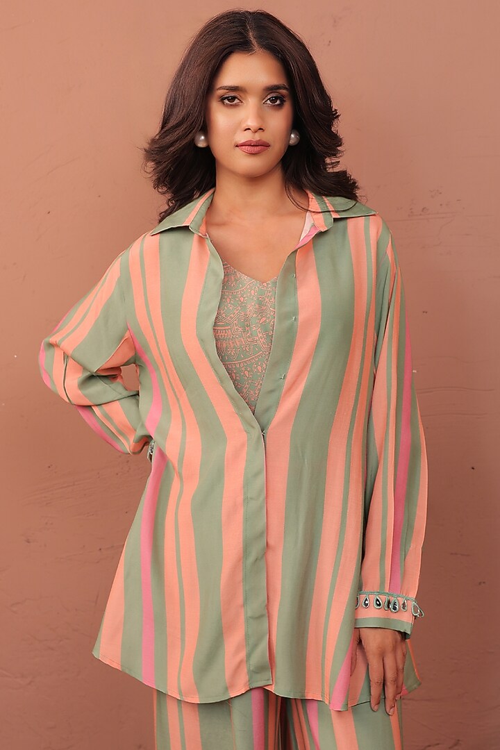 Multi-Colored Cotton Muslin Striped Printed Co-Ord Set by Surkh Syahi at Pernia's Pop Up Shop