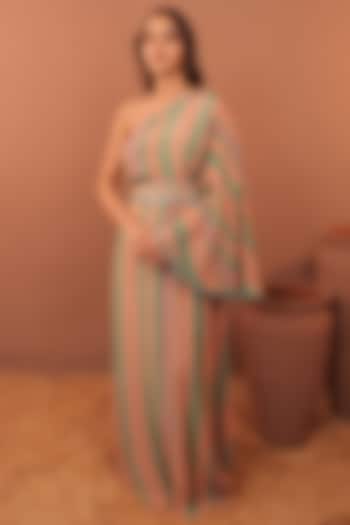 Multi-Colored Cotton Muslin Striped Printed One-Shoulder Maxi Summer Dress by Surkh Syahi at Pernia's Pop Up Shop