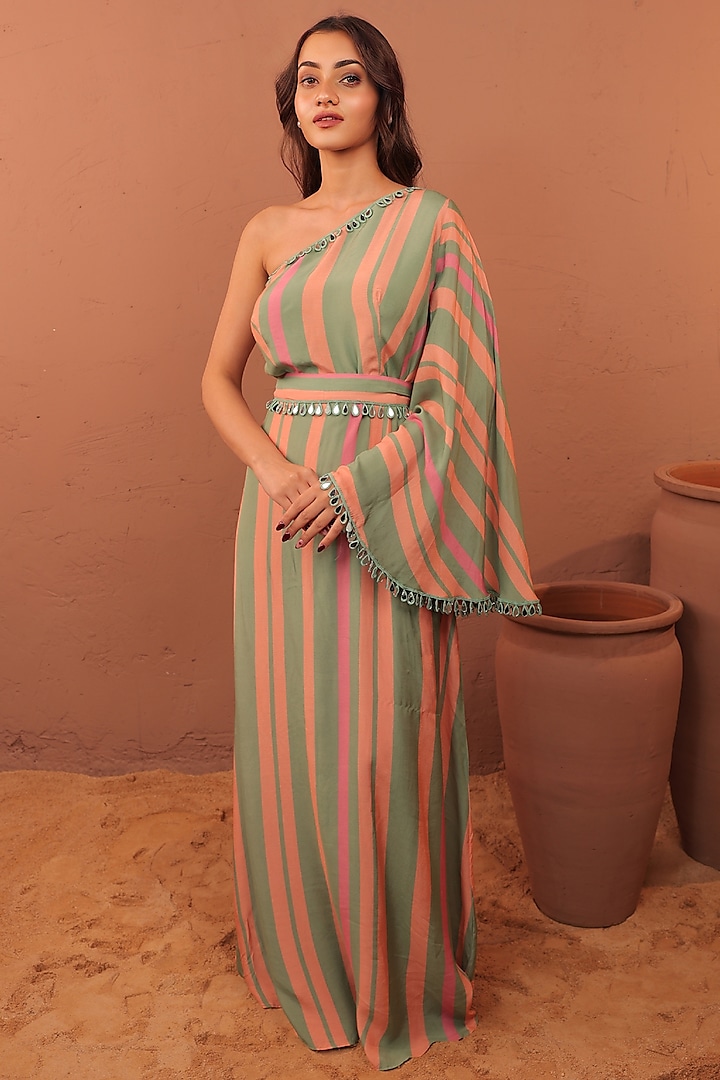 Multi-Colored Cotton Muslin Striped Printed One-Shoulder Maxi Summer Dress by Surkh Syahi at Pernia's Pop Up Shop