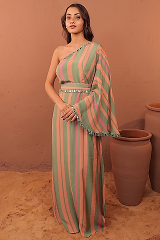 Multi-Colored Cotton Muslin Striped Printed One-Shoulder Maxi Dress by Surkh Syahi