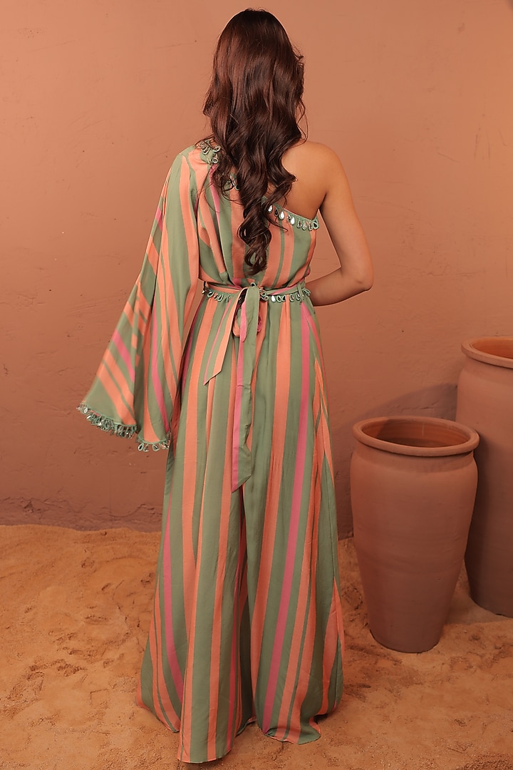 Multi-Colored Cotton Muslin Striped Printed One-Shoulder Maxi Summer Dress by Surkh Syahi at Pernia's Pop Up Shop