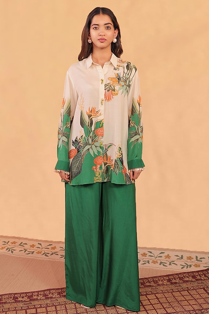 Forest Green & Off-White Muslin Cotton Co-Ord Printed Set by Surkh Syahi at Pernia's Pop Up Shop