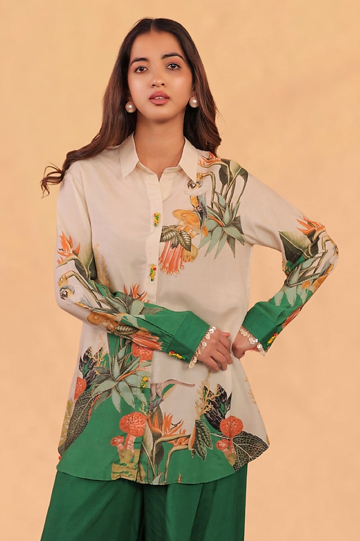 Forest Green & Off-White Muslin Cotton Co-Ord Printed Set by Surkh Syahi at Pernia's Pop Up Shop