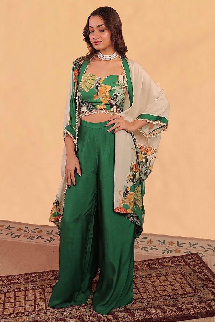 Off-White & Forest Green Muslin Cotton Printed Co-Ord Set by Surkh Syahi at Pernia's Pop Up Shop