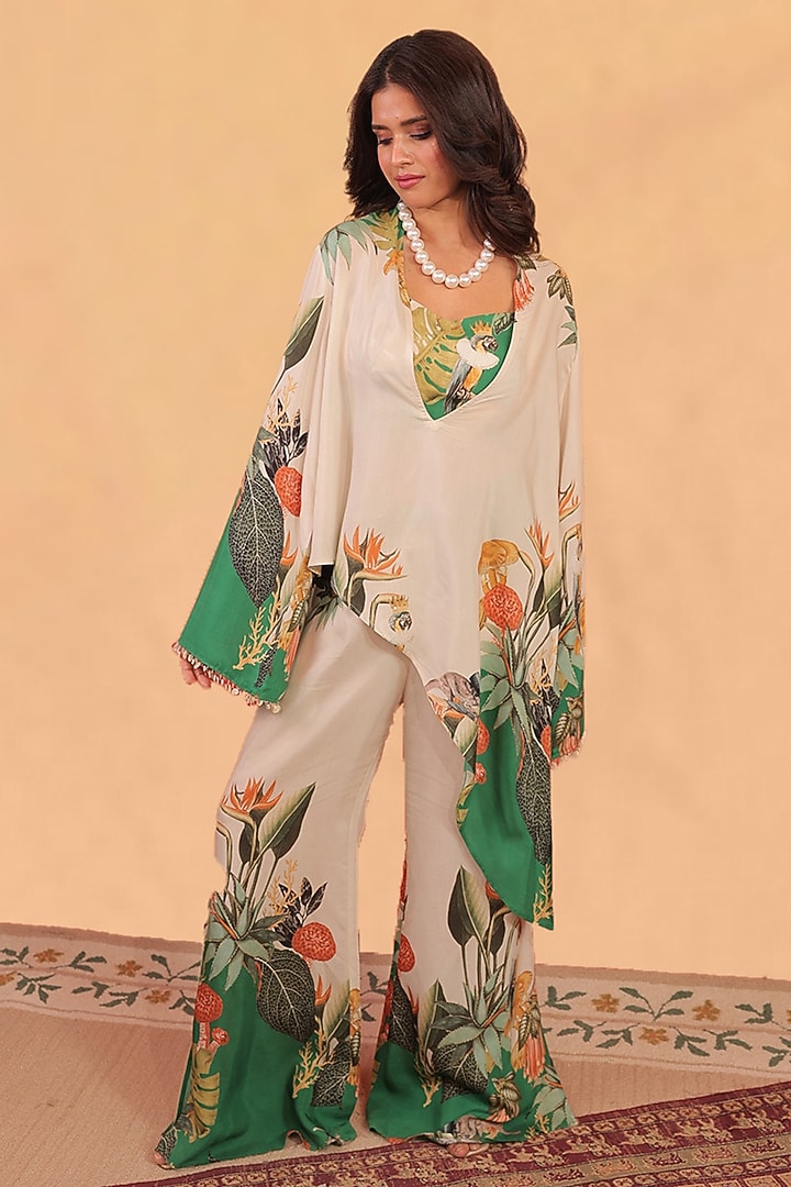 Off-White & Forest Green Muslin Cotton Printed Asymmetric Tunic Set by Surkh Syahi at Pernia's Pop Up Shop
