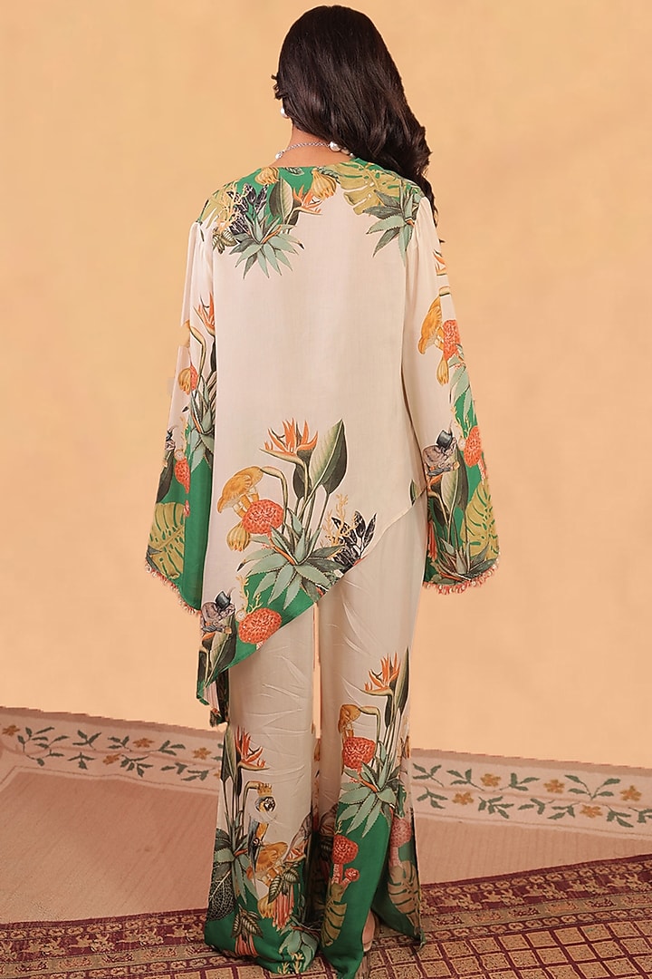 Off-White & Forest Green Muslin Cotton Printed Asymmetric Tunic Set by Surkh Syahi at Pernia's Pop Up Shop