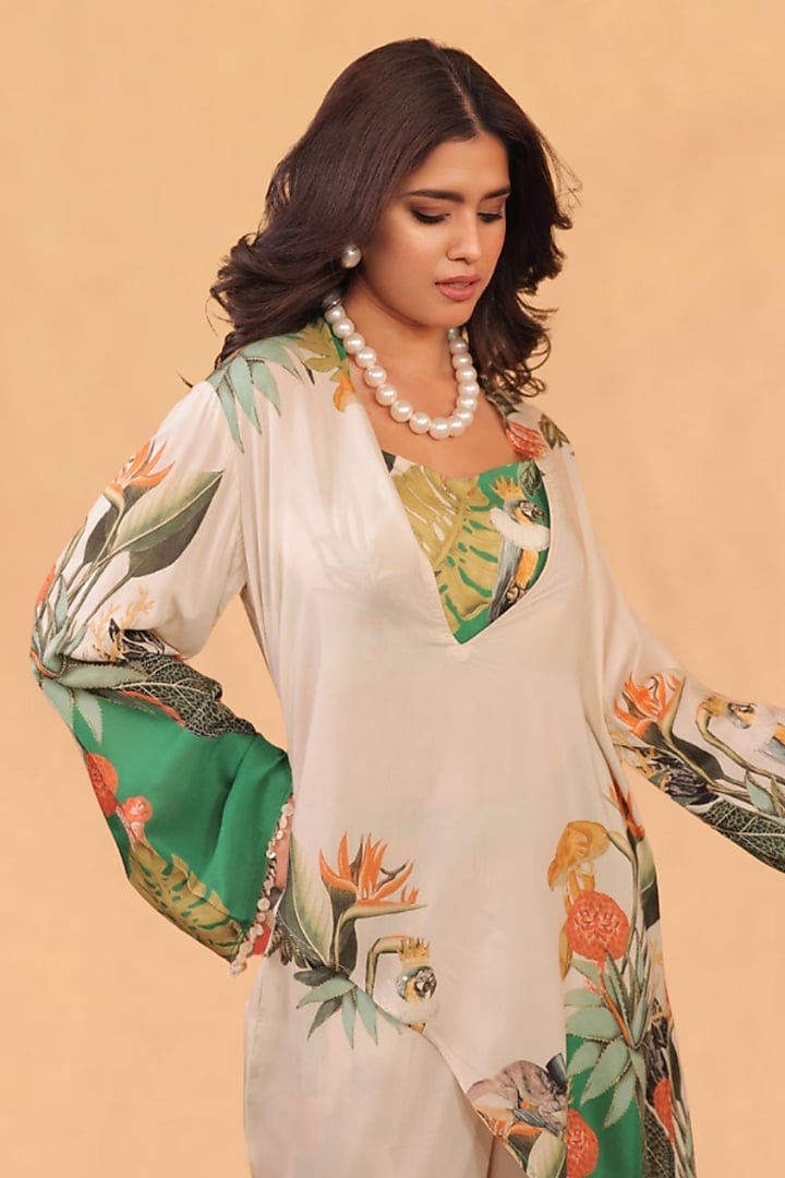 Off-White & Forest Green Muslin Cotton Printed Asymmetric Tunic Set by Surkh Syahi at Pernia's Pop Up Shop