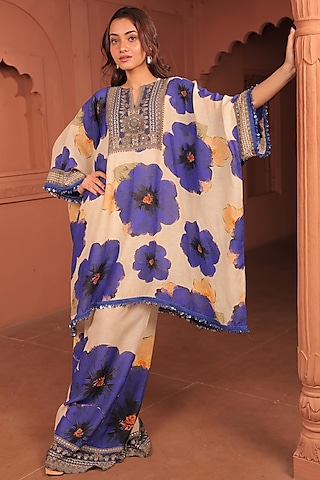 Beige Linen Floral Printed A-Line Kurta Set by Surkh Syahi
