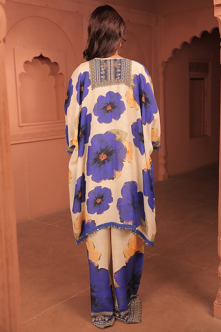 Beige Linen Floral Printed A-Line Kurta Set by Surkh Syahi at Pernia's Pop Up Shop