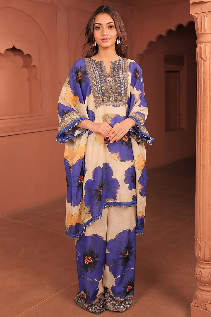 Beige Linen Floral Printed A-Line Kurta Set by Surkh Syahi at Pernia's Pop Up Shop
