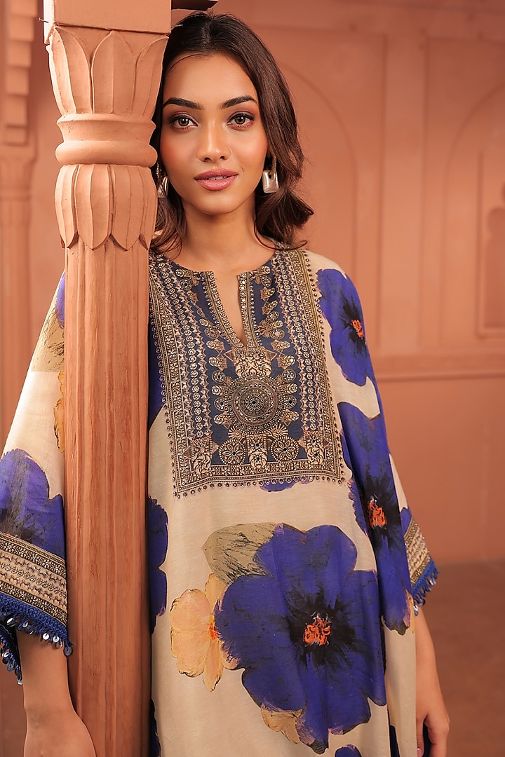 Beige Linen Floral Printed A-Line Kurta Set by Surkh Syahi at Pernia's Pop Up Shop