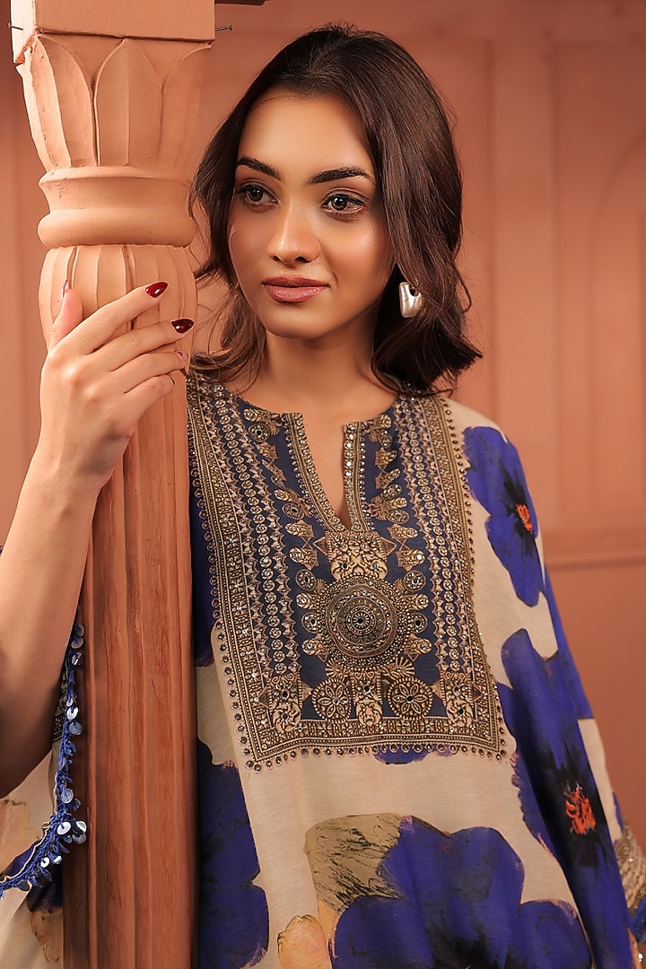 Beige Linen Floral Printed A-Line Kurta Set by Surkh Syahi at Pernia's Pop Up Shop