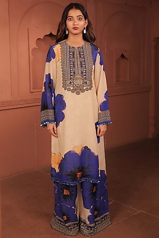 Beige Linen Floral Printed A-Line Kurta Set by Surkh Syahi
