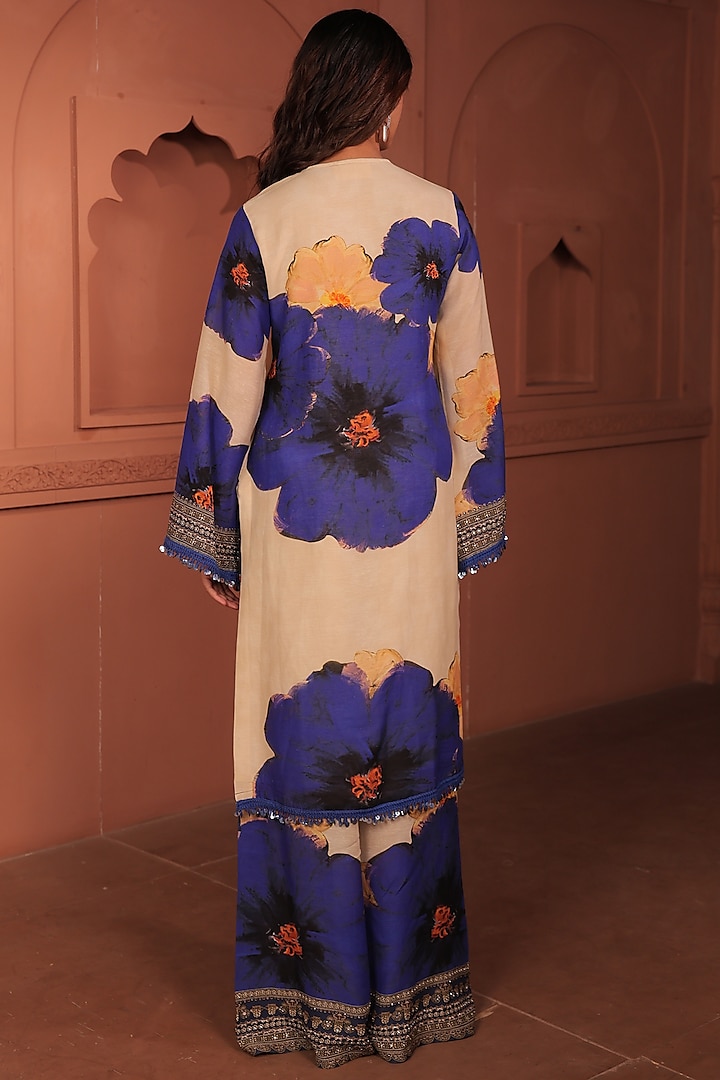 Beige Linen Floral Printed A-Line Kurta Set by Surkh Syahi at Pernia's Pop Up Shop