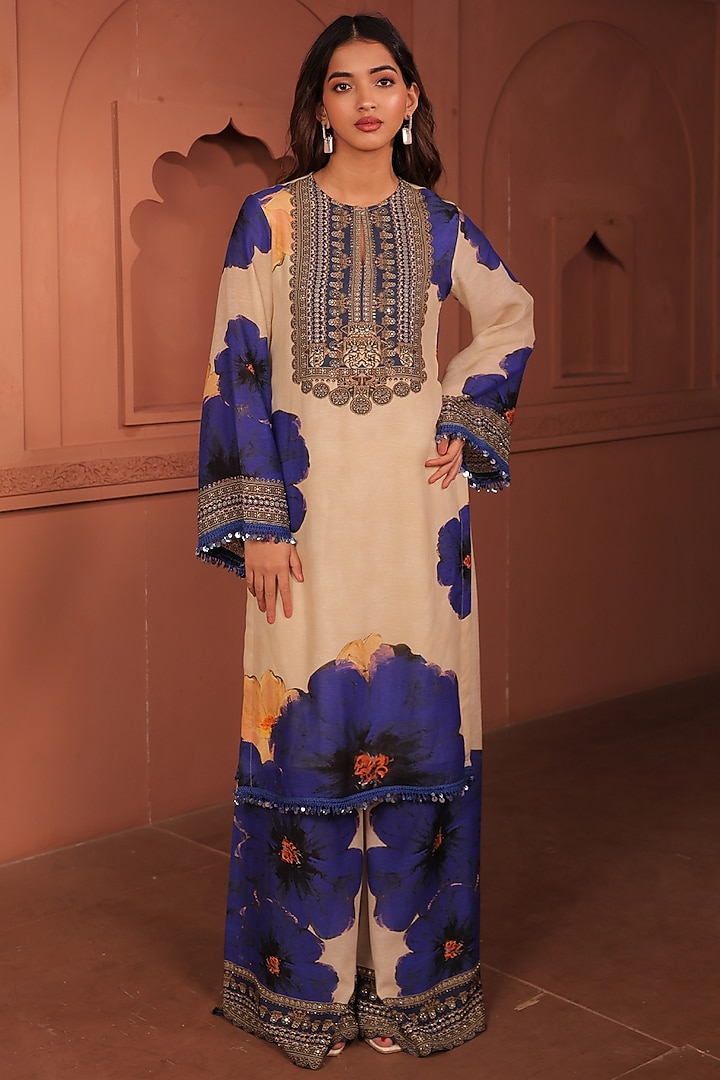 Beige Linen Floral Printed A-Line Kurta Set by Surkh Syahi at Pernia's Pop Up Shop