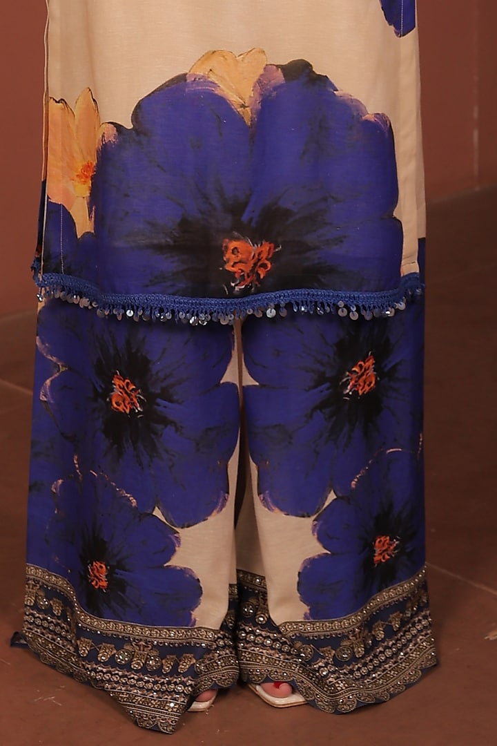 Beige Linen Floral Printed A-Line Kurta Set by Surkh Syahi at Pernia's Pop Up Shop