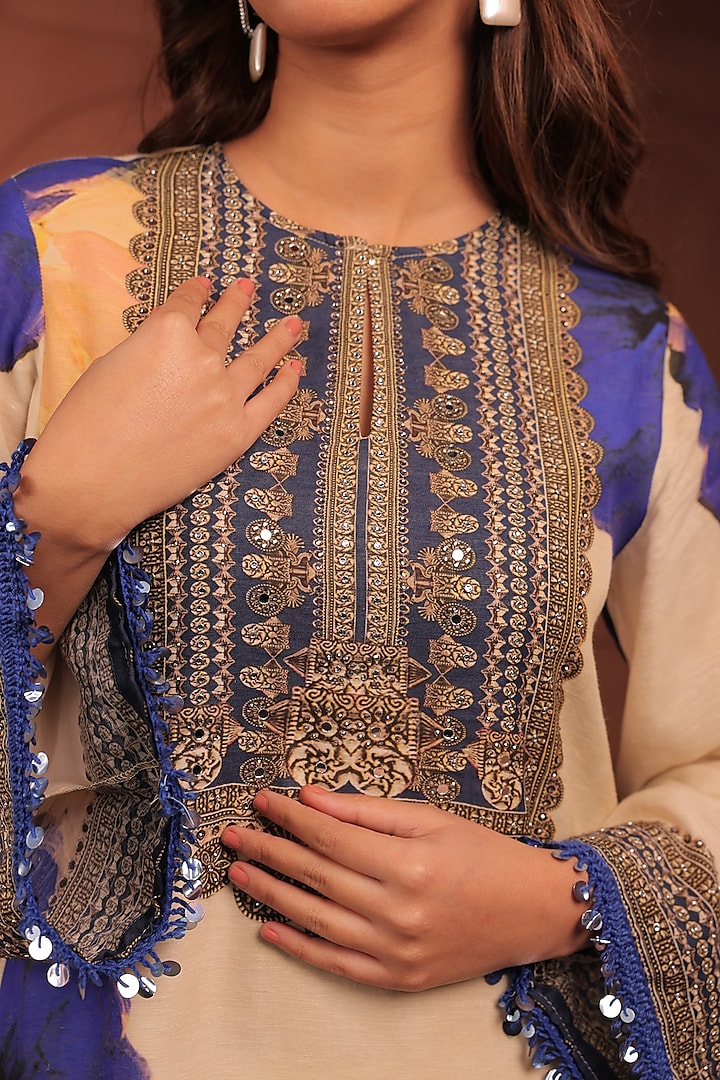 Beige Linen Floral Printed A-Line Kurta Set by Surkh Syahi at Pernia's Pop Up Shop