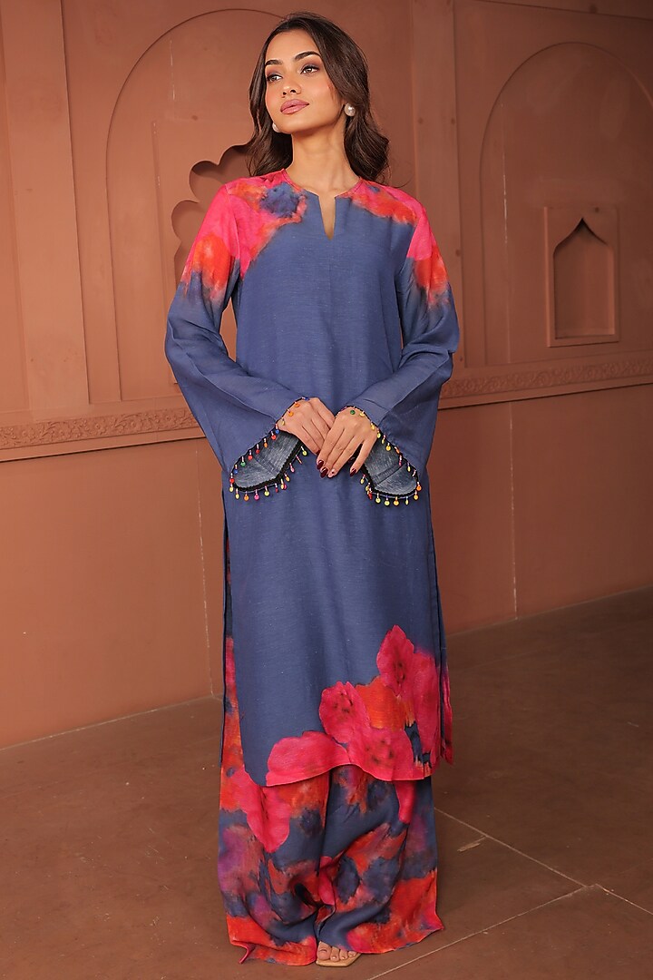 Blue Linen Floral Printed A-Line Kurta Set by Surkh Syahi at Pernia's Pop Up Shop