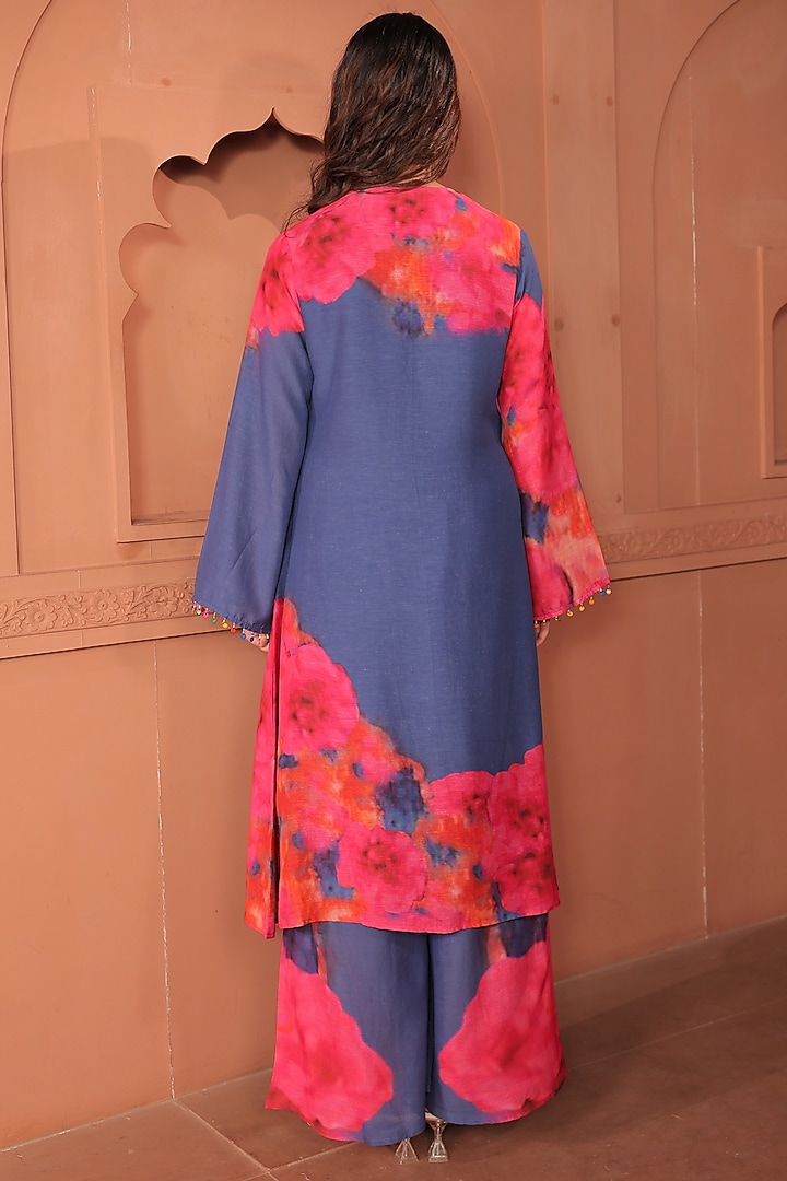 Blue Linen Floral Printed A-Line Kurta Set by Surkh Syahi at Pernia's Pop Up Shop
