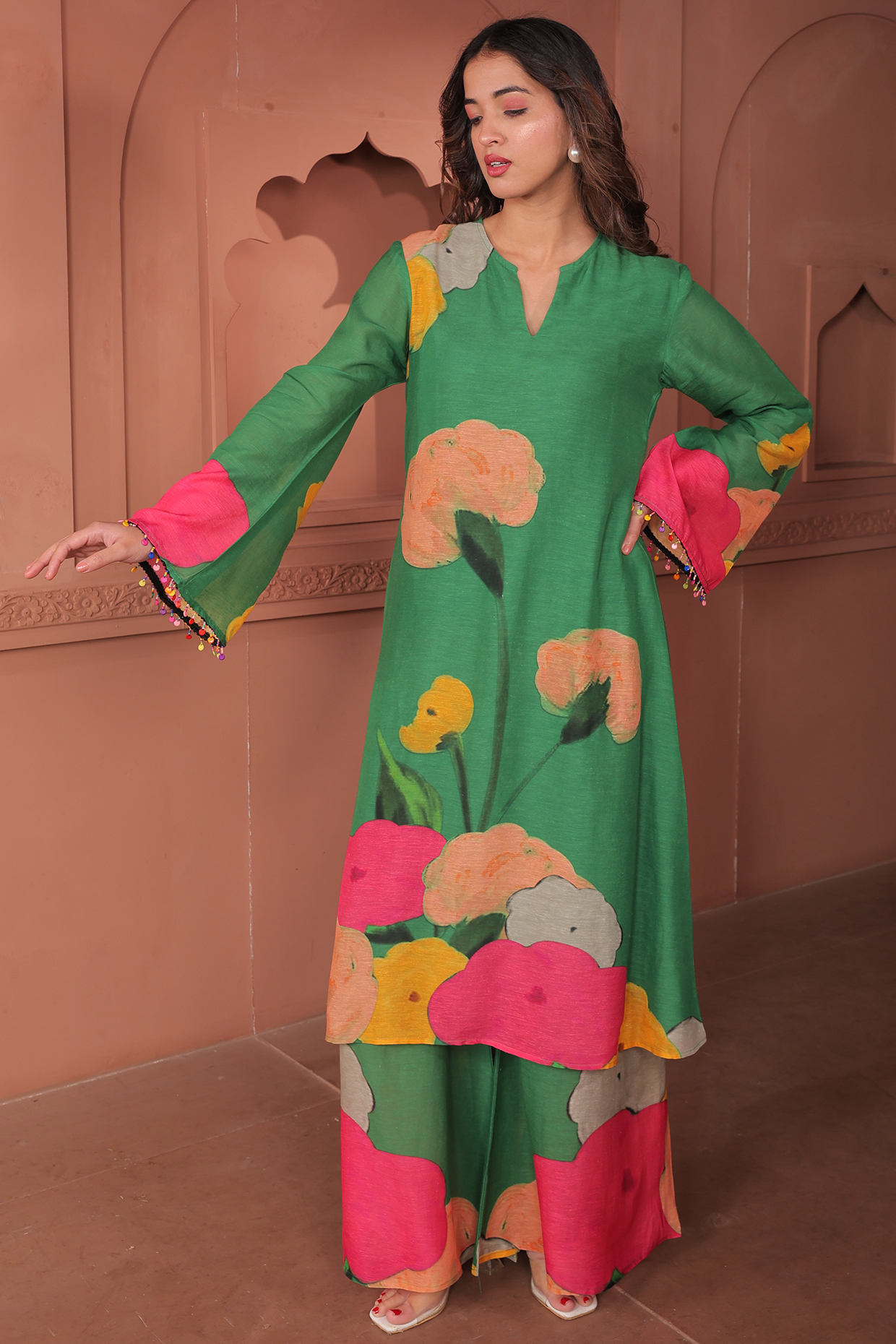 Green Linen Floral Printed A-Line Kurta Set by Surkh Syahi at Pernia's Pop Up Shop