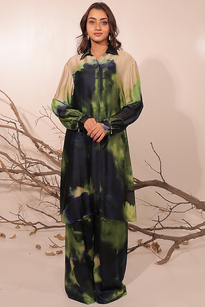 Midnight Blue & Moss Green Russian Cotton Silk Printed Tunic Set by Surkh Syahi at Pernia's Pop Up Shop