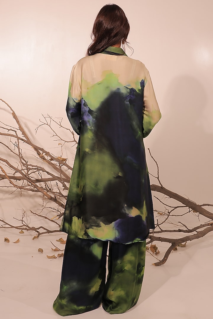 Midnight Blue & Moss Green Russian Cotton Silk Printed Tunic Set by Surkh Syahi at Pernia's Pop Up Shop