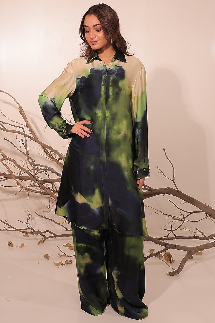 Midnight Blue & Moss Green Russian Cotton Silk Printed Tunic Set by Surkh Syahi at Pernia's Pop Up Shop